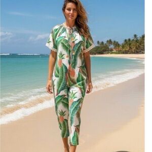 NWOT Farm Rio Forest Palm Jumpsuit in White Linen‎ Pineapple Print Crop XS boho